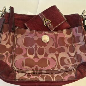 Maroon suede Coach shoulder bag. Including wallet.